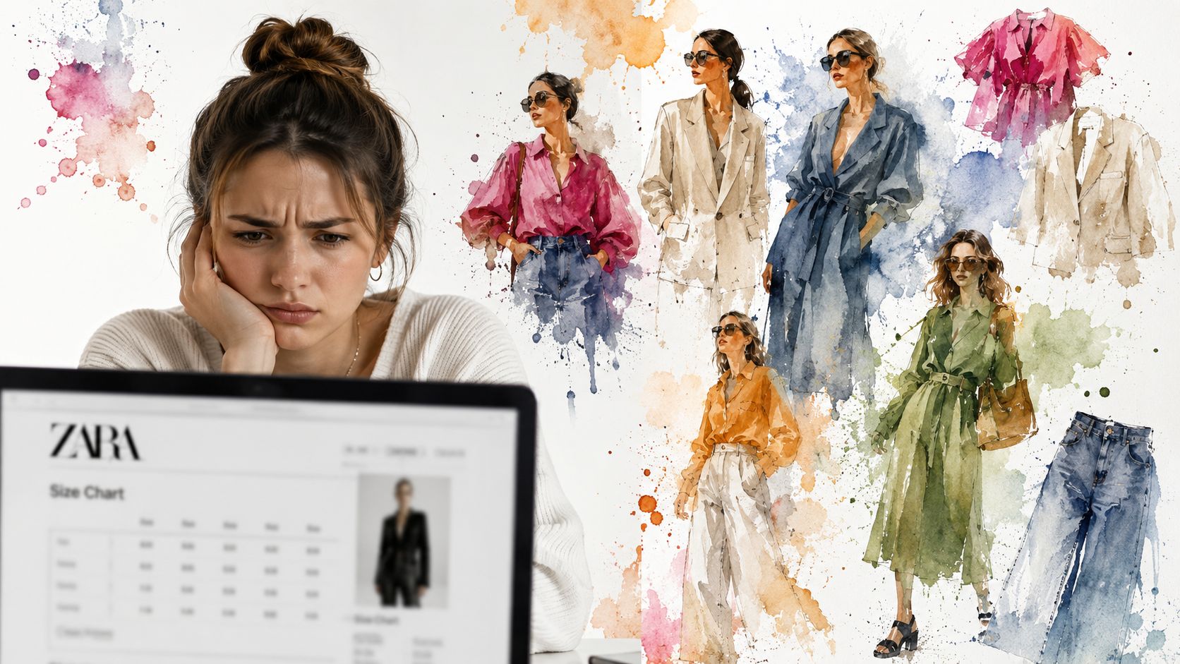 A young woman looking frustrated while browsing a Zara size chart on her laptop screen.