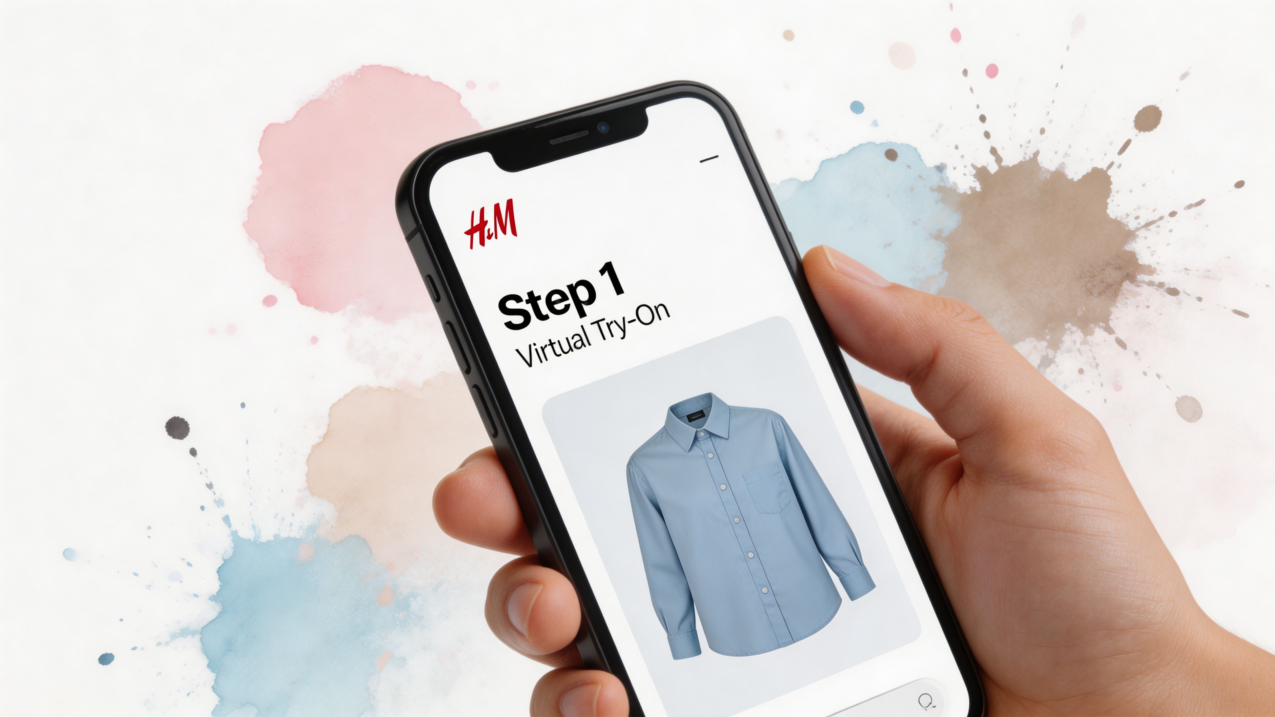 A person holding a smartphone showing an H&M virtual try-on interface with a light blue button-down shirt.