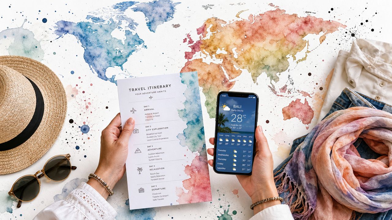 A person preparing for a trip with a travel itinerary, smartphone, hat, sunglasses, and clothes.