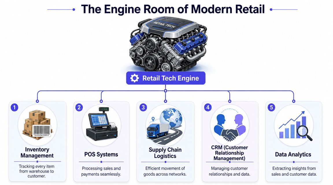 An infographic showing the five core components of modern retail technology including inventory, POS, logistics, CRM, and analytics.