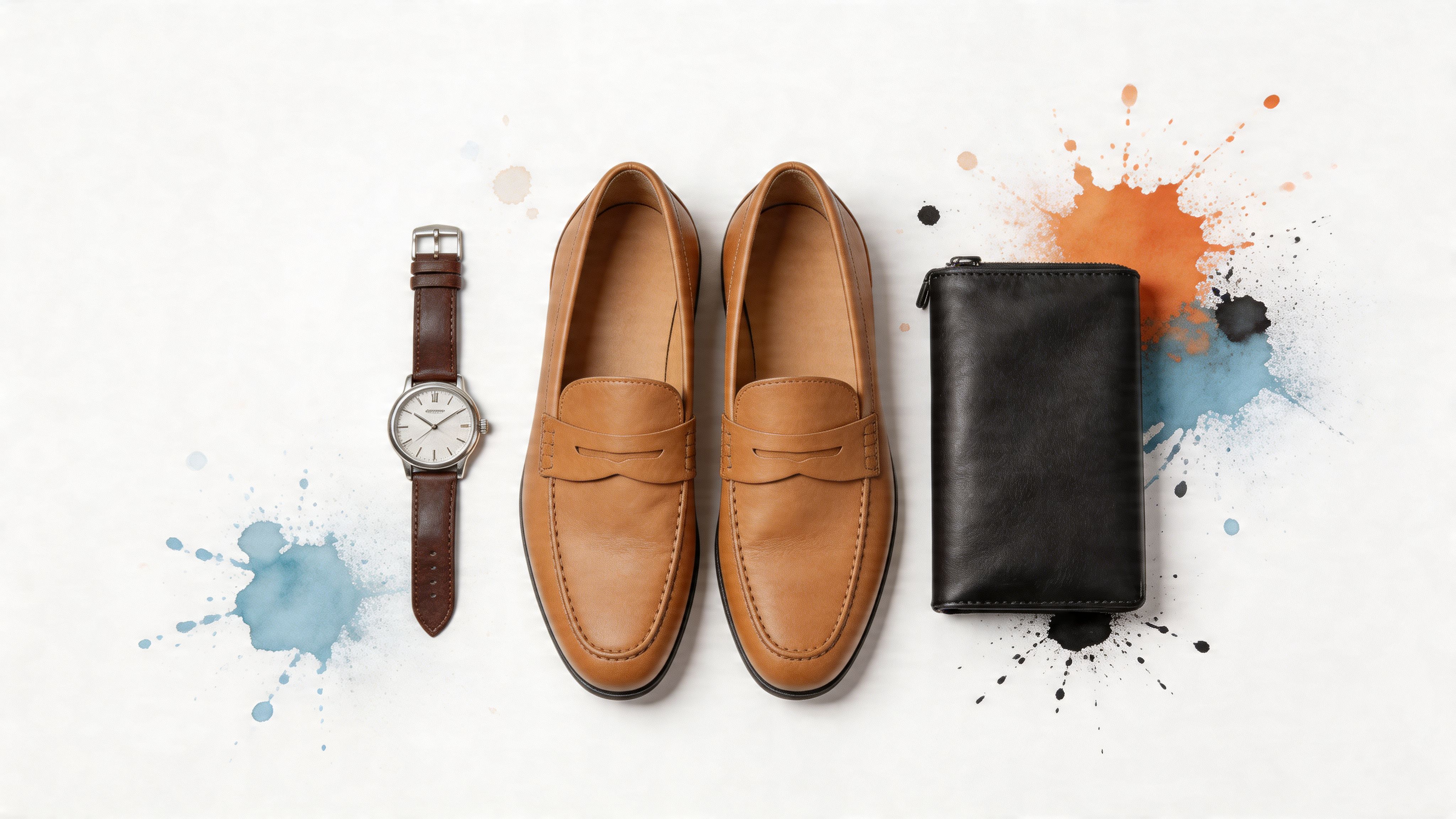 A minimalist flatlay featuring a brown leather watch, tan leather loafers, and a black wallet on white.
