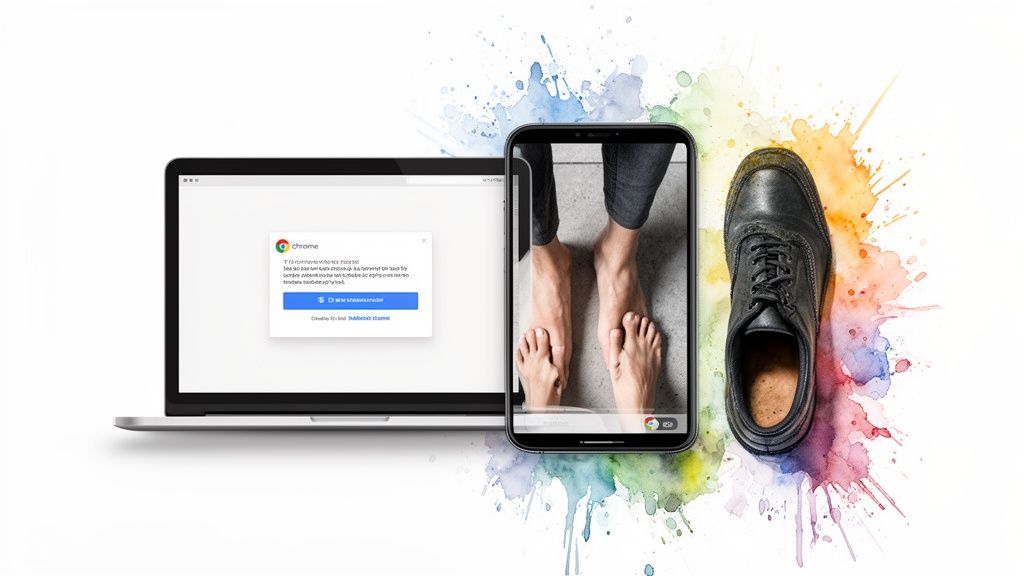 Laptop with Chrome browser, smartphone showing bare feet, and a black shoe for virtual try-on.