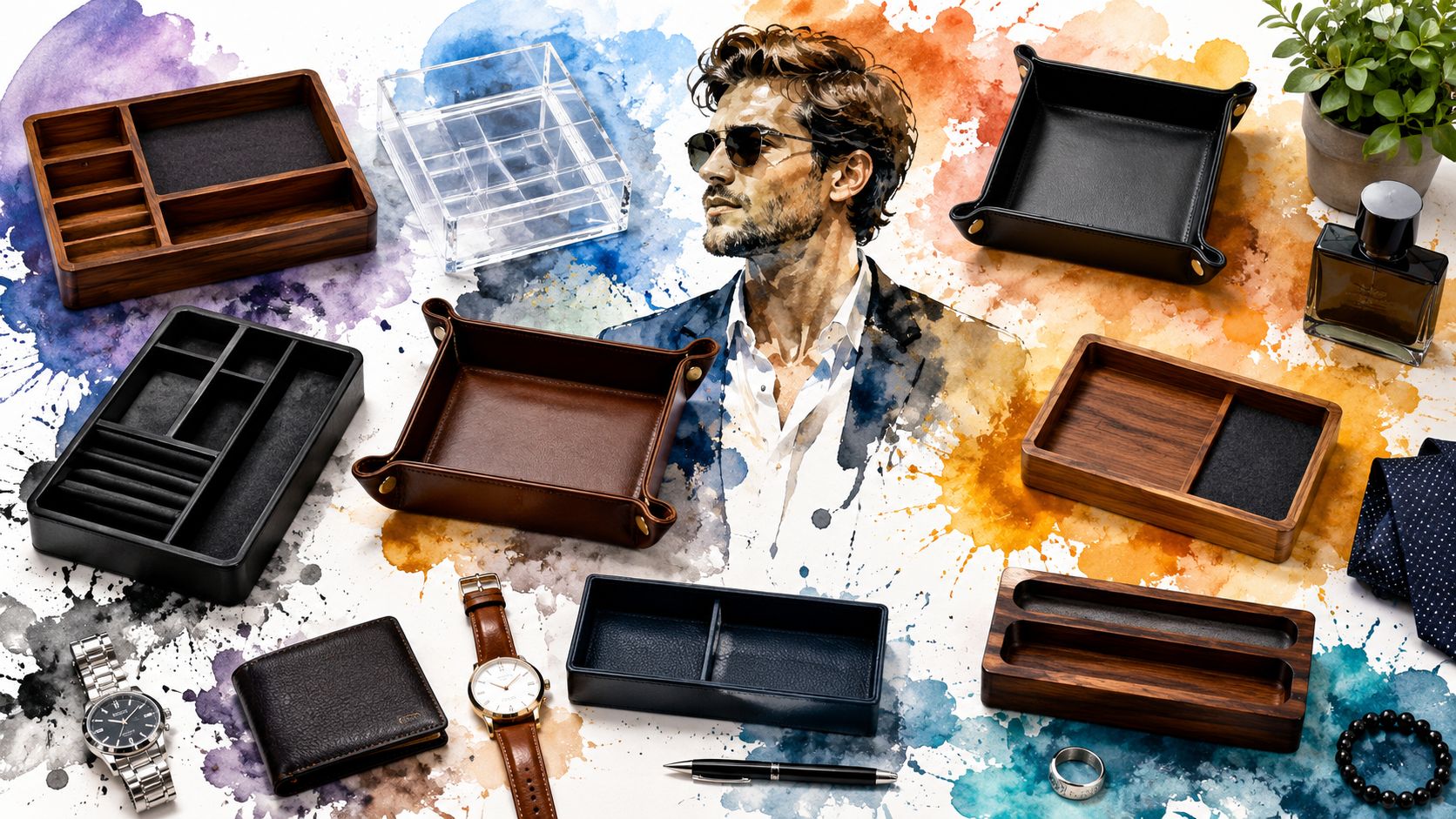 A watercolor-style art piece featuring a stylish man surrounded by various mens dresser top organizers and accessories.