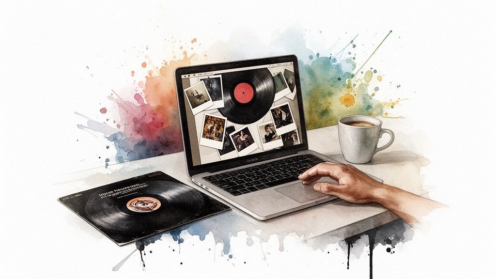 Vibrant watercolor illustration of a laptop displaying vintage photos and a vinyl record, next to a coffee mug and an actual vinyl.