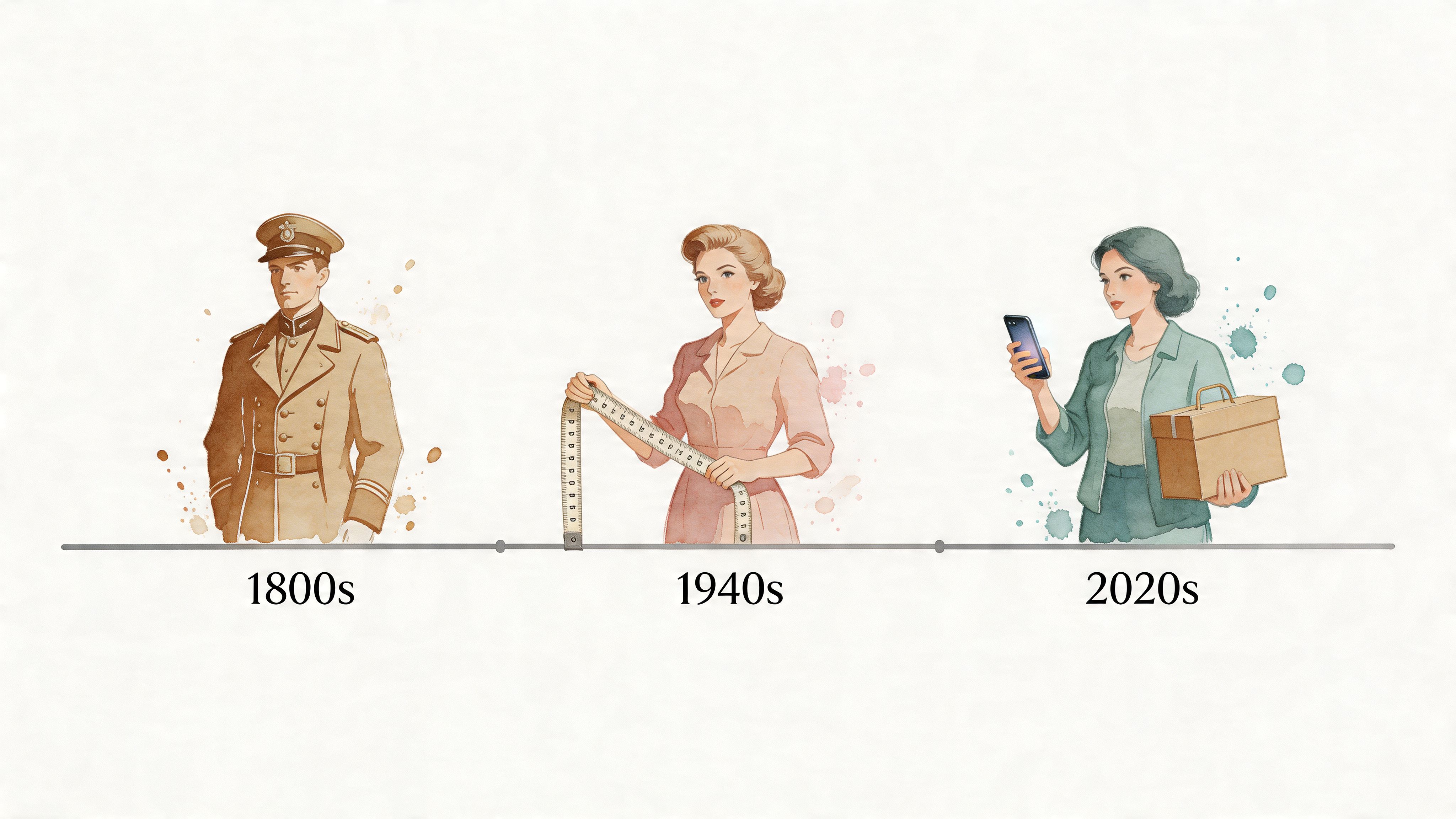 A timeline illustration showing three figures representing people from the 1800s, 1940s, and 2020s respectively.