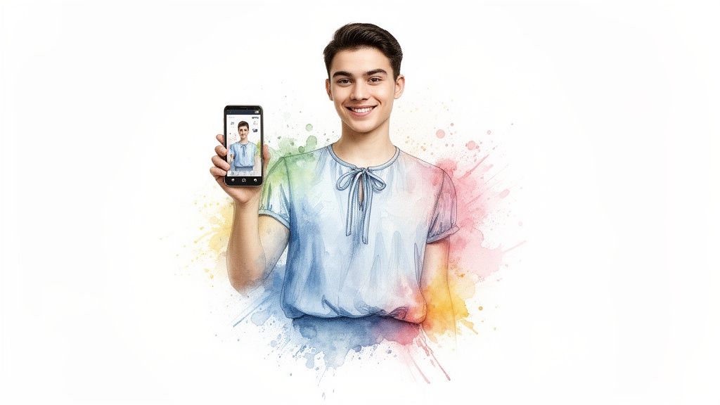 A smiling young man in a watercolor art style holds a smartphone displaying his own image.
