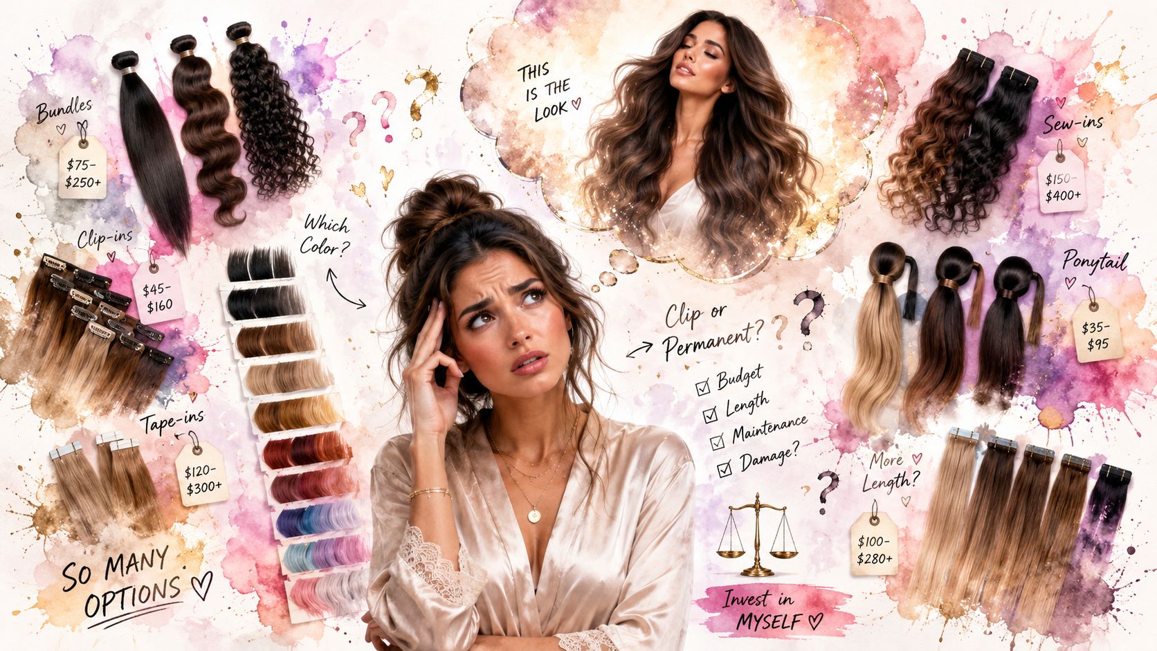 A woman considering various hair extension types like bundles, clip-ins, and tape-ins while deciding on her look.