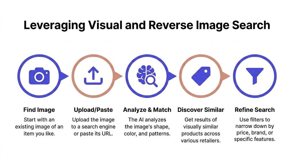 A five-step infographic showing how to perform visual and reverse image search on products.