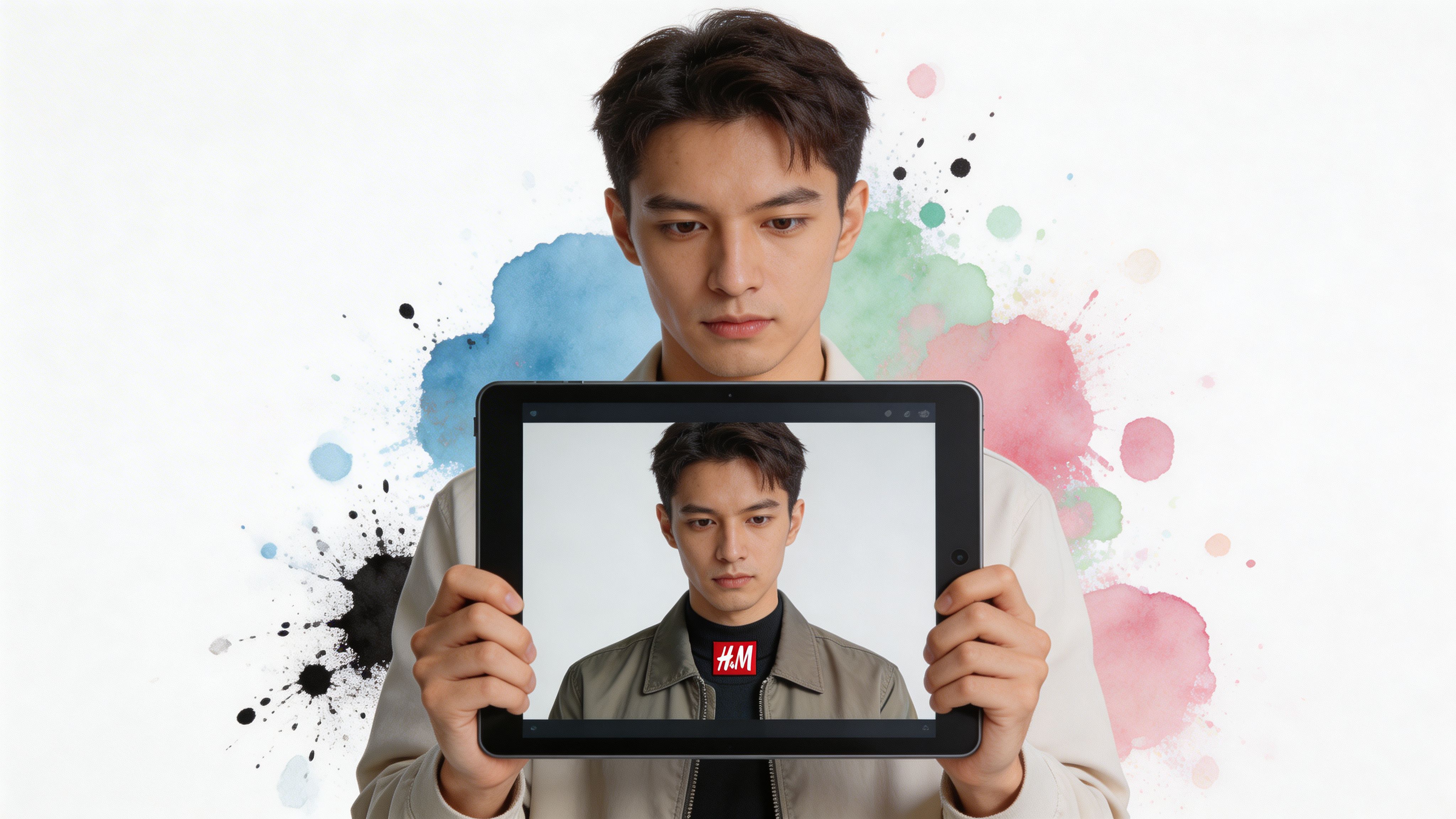 A young man holds a tablet displaying his own portrait featuring an H&M logo on his shirt.