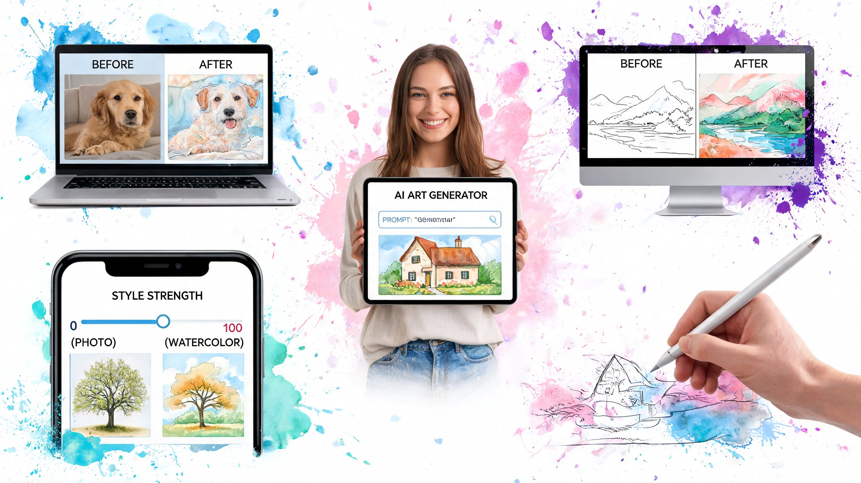 A woman holding a tablet showing AI art generator app with various image transformation tools displayed around.