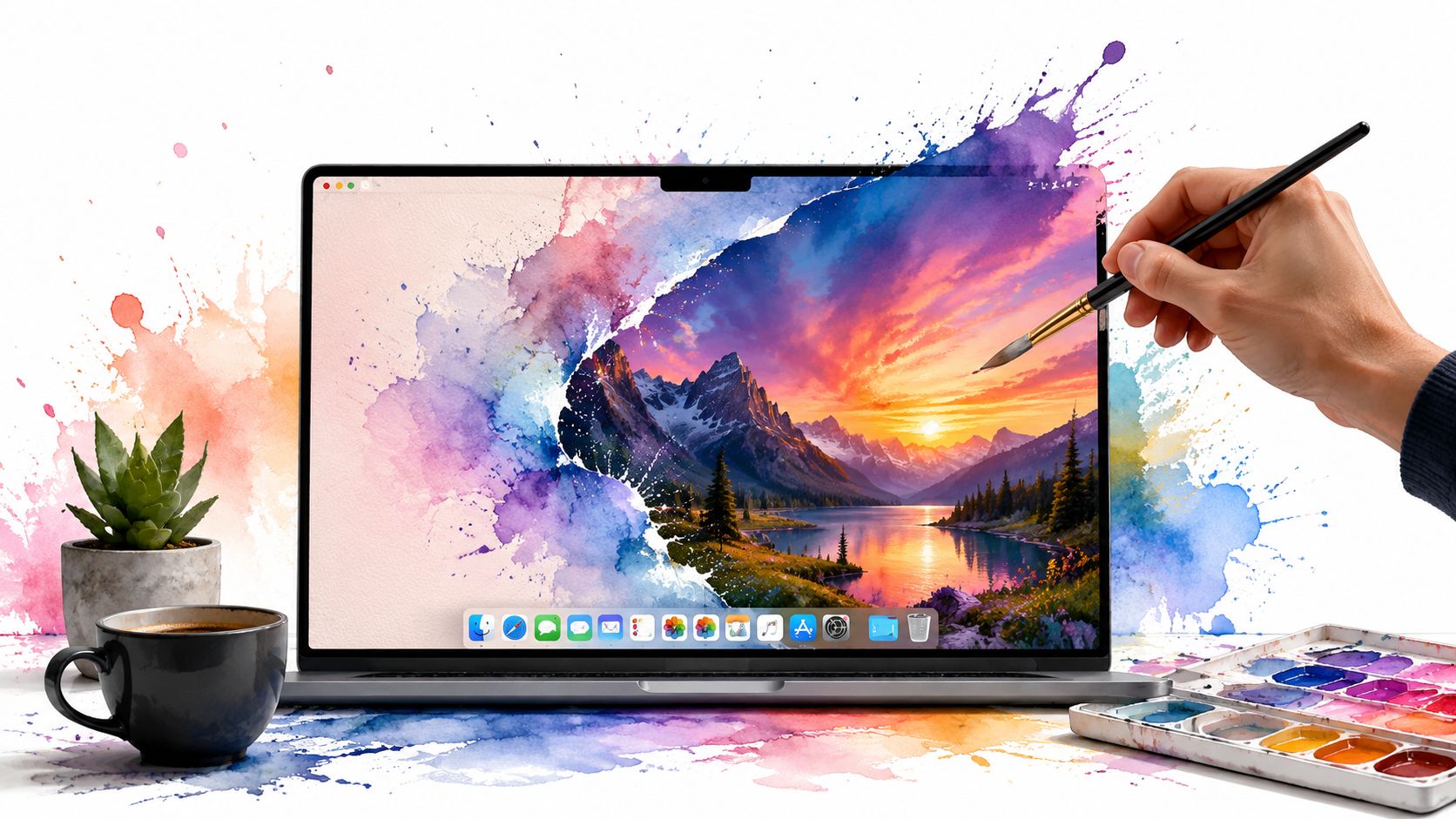 A hand painting a vibrant mountain landscape on a laptop screen that spills into watercolor splashes.