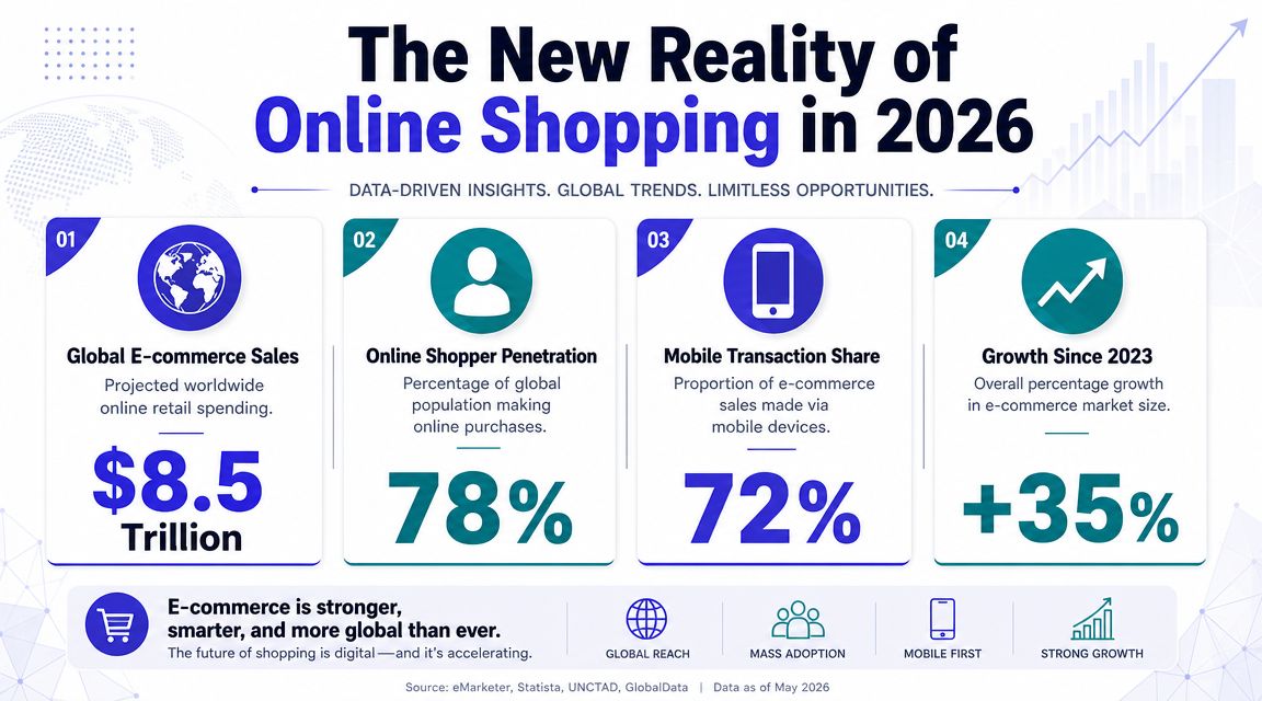 An infographic titled The New Reality of Online Shopping in 2026 showing key e-commerce growth statistics.