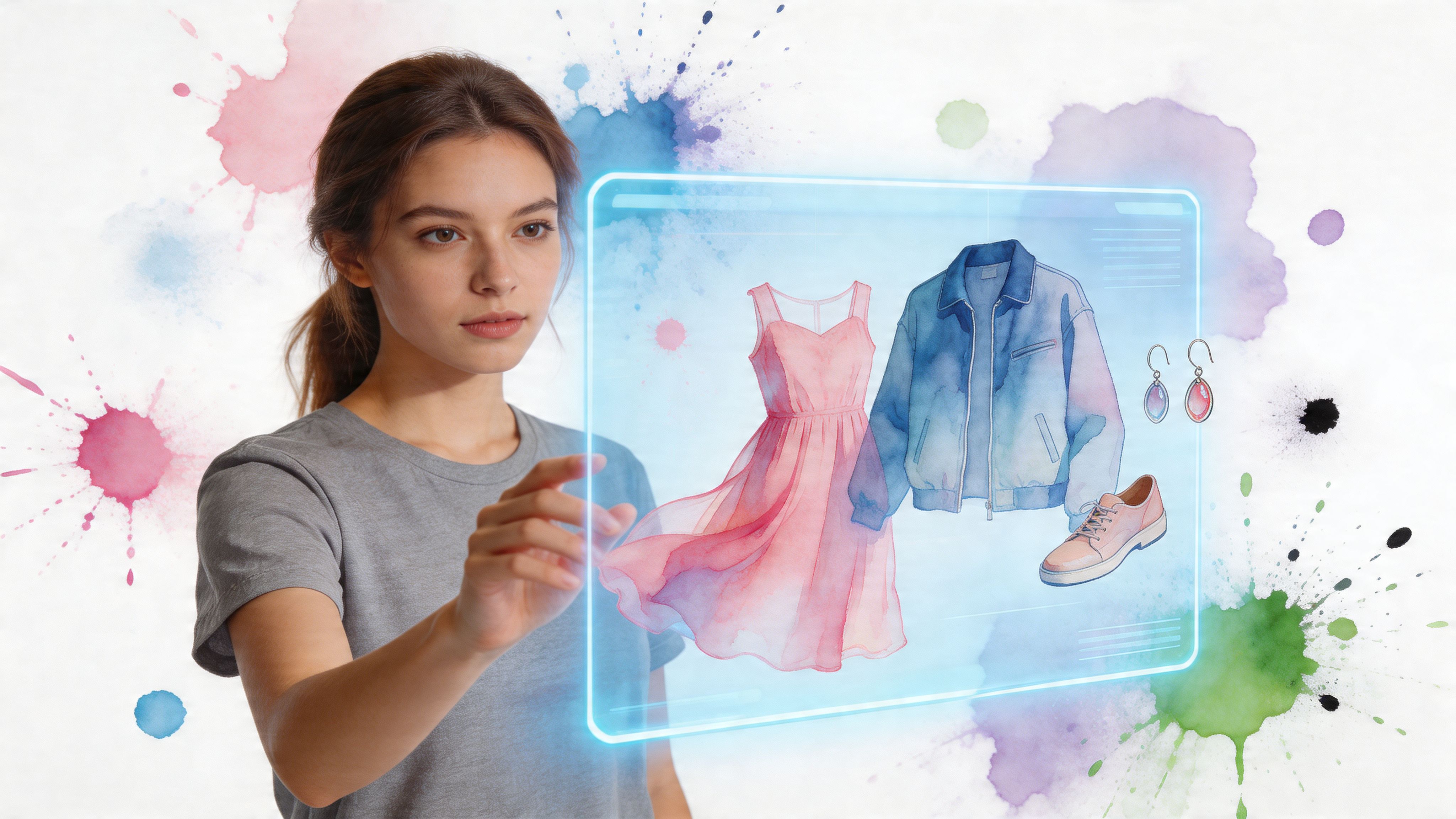A woman interacting with a digital interface to select a watercolor dress, jacket, and accessories for fashion.