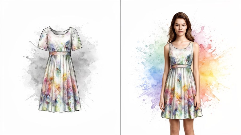 A split image showing a fashion sketch and a model wearing a colorful watercolor print dress.