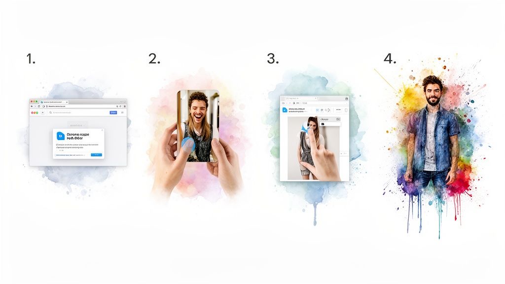 Four-step process showing hands interacting with an app to transform photos into watercolor art.