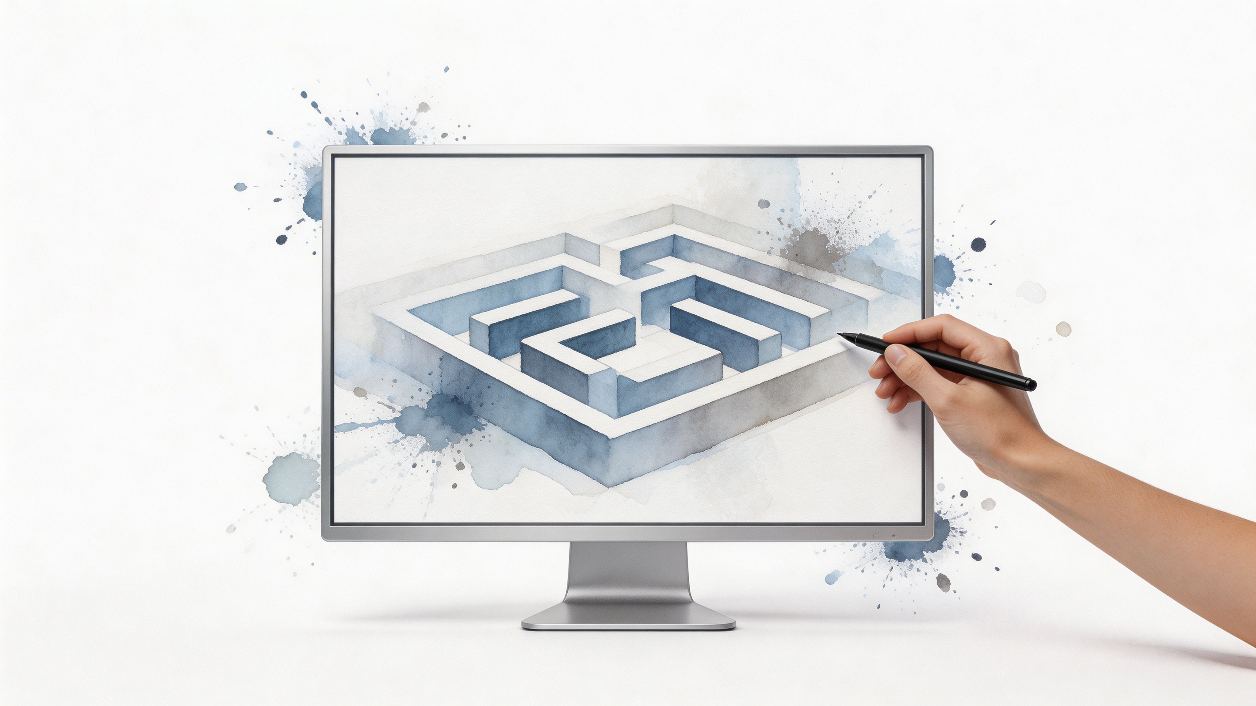A hand using a stylus to draw an artistic watercolor style maze on a computer monitor screen.