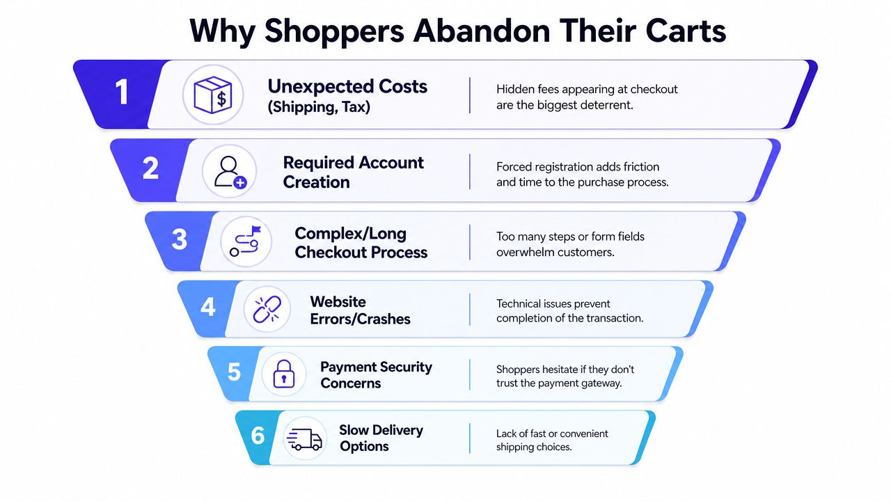 A funnel graphic listing six primary reasons why shoppers choose to abandon their online shopping carts.