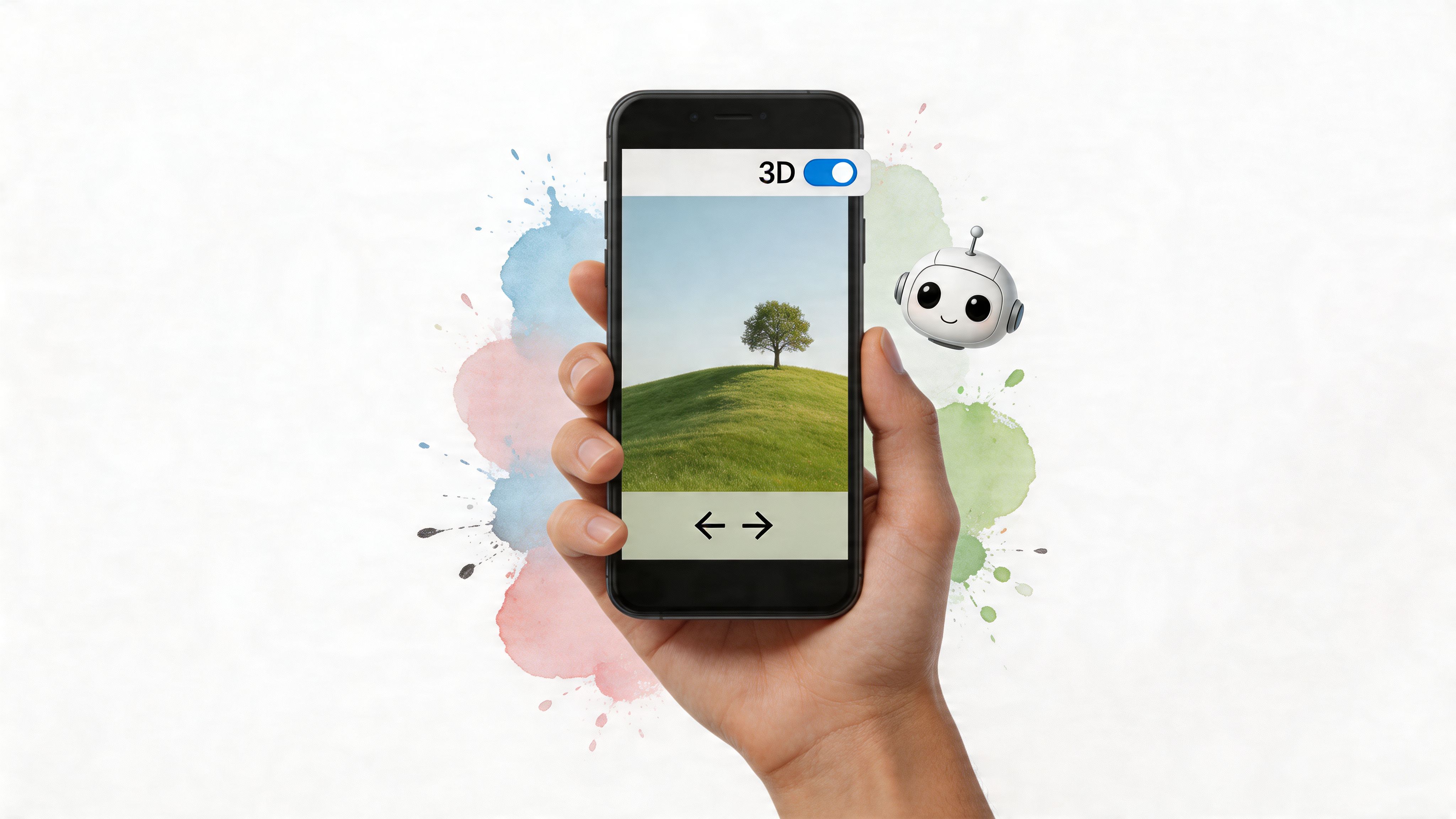 A person holding a smartphone displaying a 3D effect of a tree on a green hill.