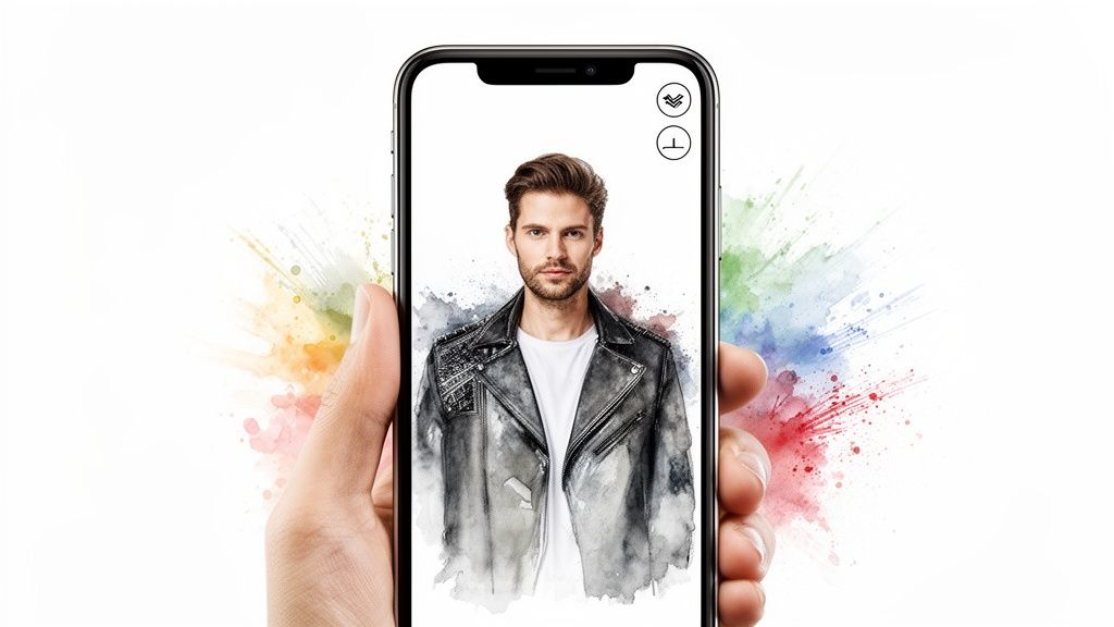 A hand holds a smartphone displaying a watercolor illustration of a man in a black leather jacket.