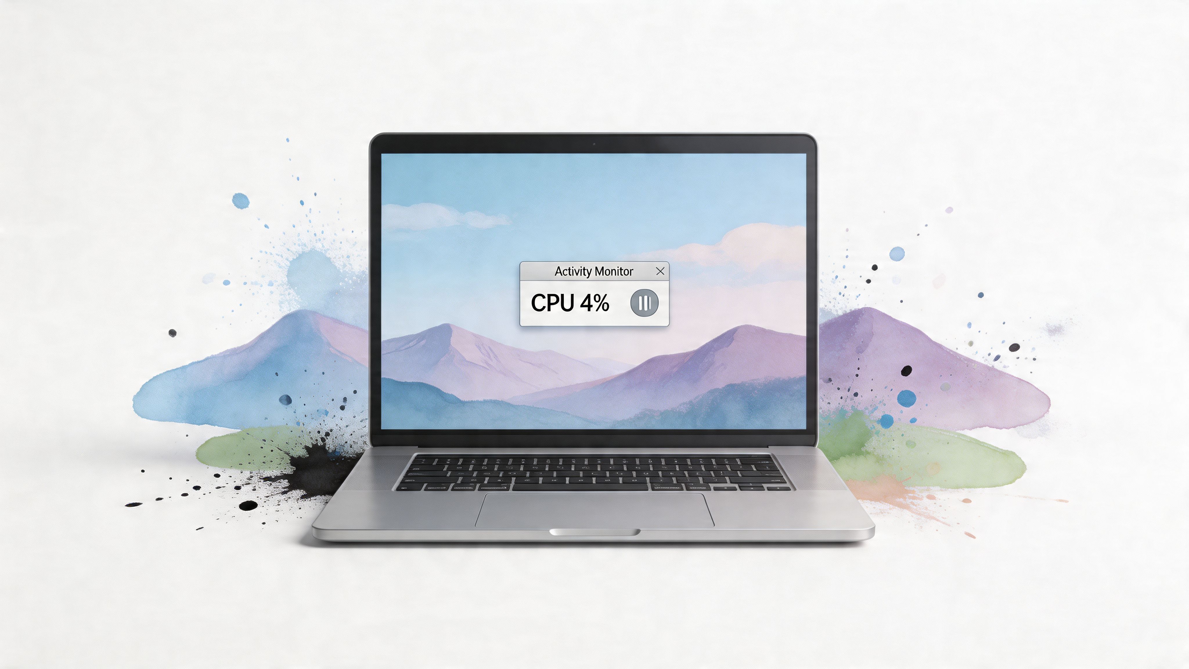 A silver laptop displaying an Activity Monitor window showing CPU performance on a scenic watercolor background.