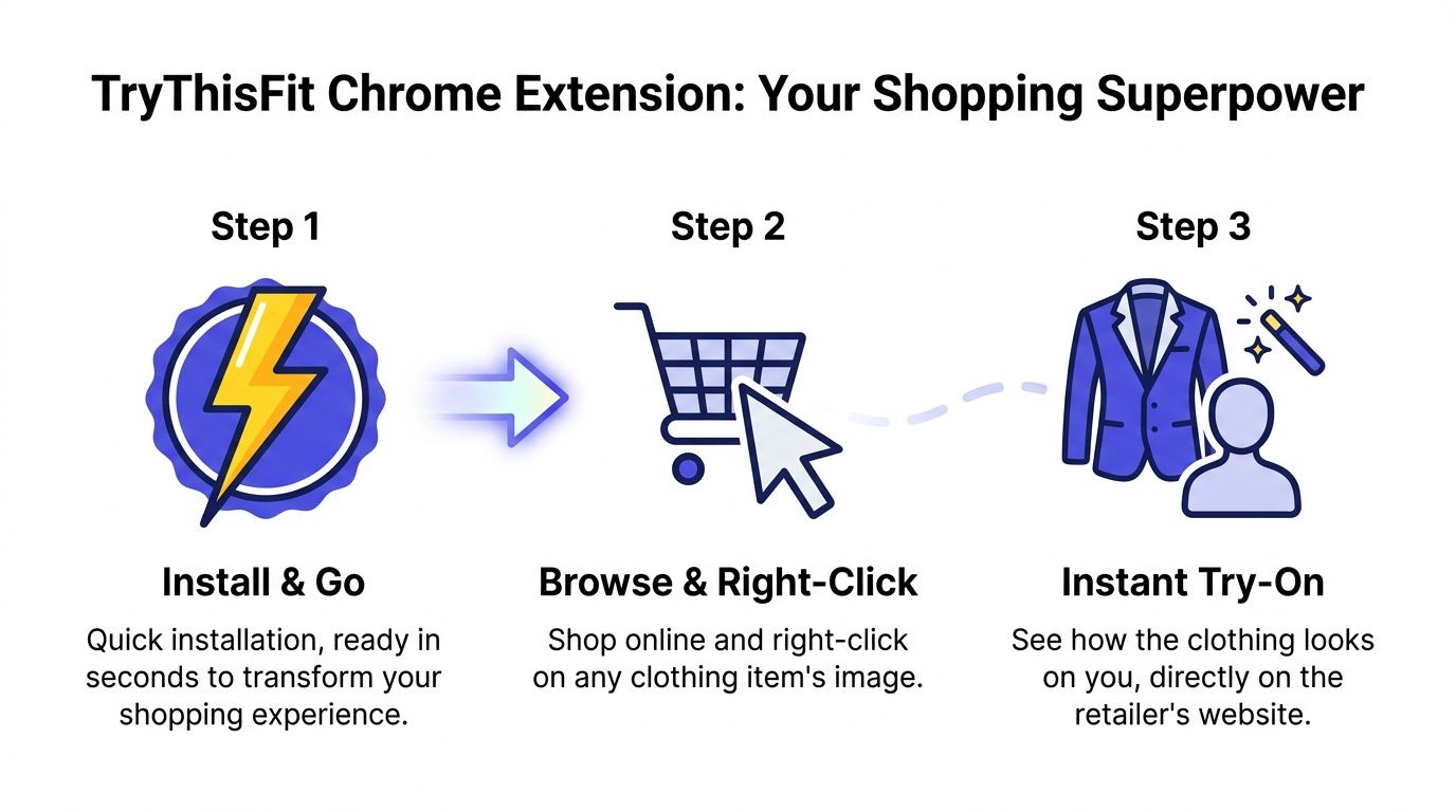 A three-step infographic showing how to use the TryThisFit Chrome extension for virtual clothing try-ons.