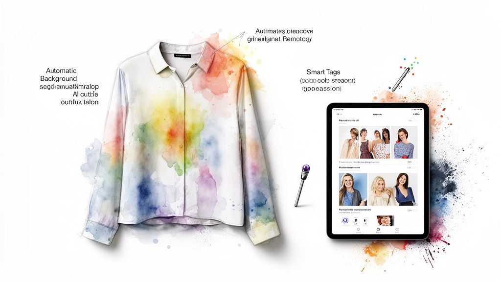A watercolor-splashed shirt next to a tablet displaying a fashion app interface for digital styling.
