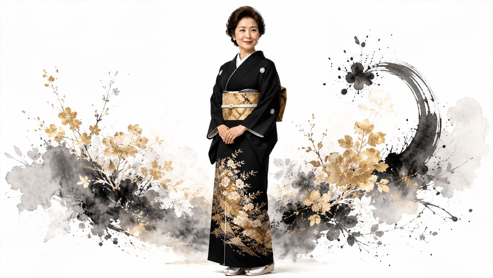A sophisticated middle-aged Japanese woman in a traditional black kimono with gold floral patterns and ink brushwork.