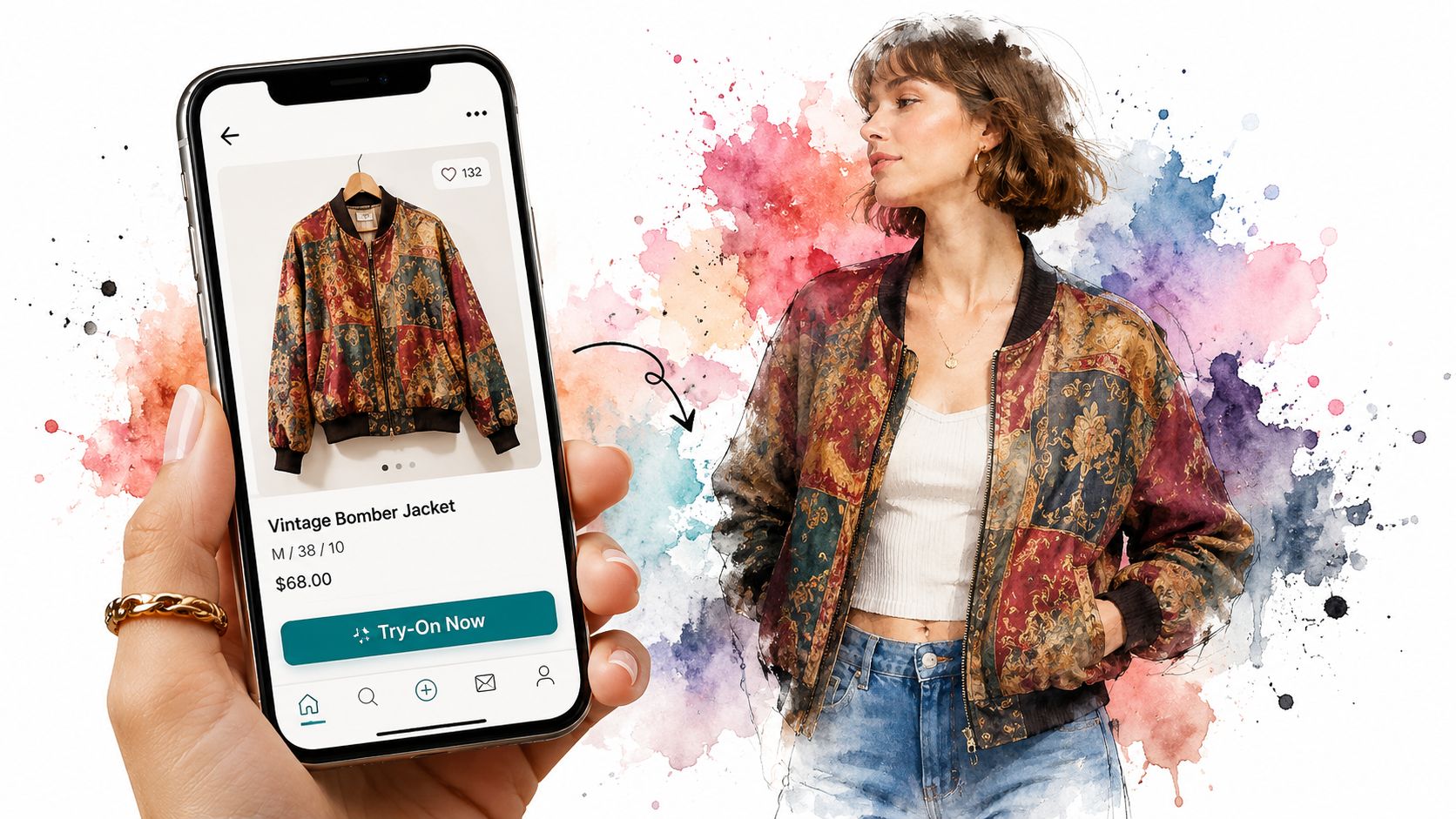 A hand holds a smartphone showing a virtual try-on app feature for a vintage bomber jacket.
