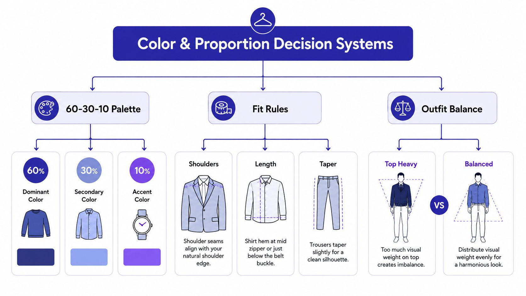 A flowchart explaining men's fashion principles, including color palette ratios, garment fit rules, and outfit balance guidelines.