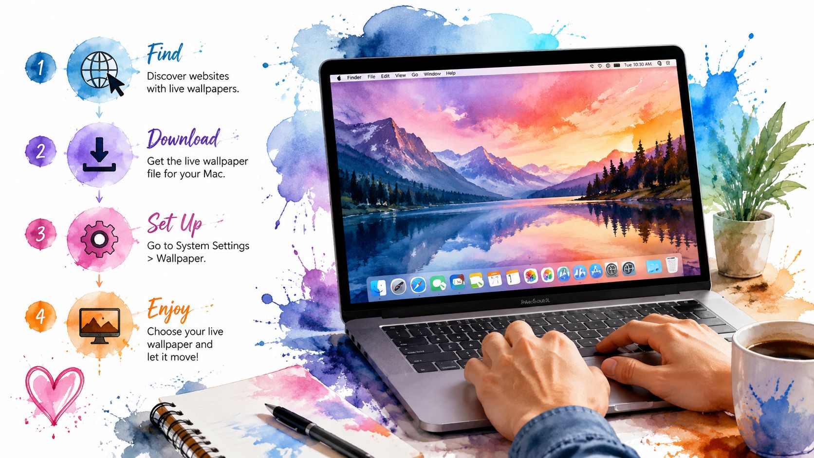 A laptop displays a beautiful landscape while an infographic explains steps to set up moving computer wallpapers.