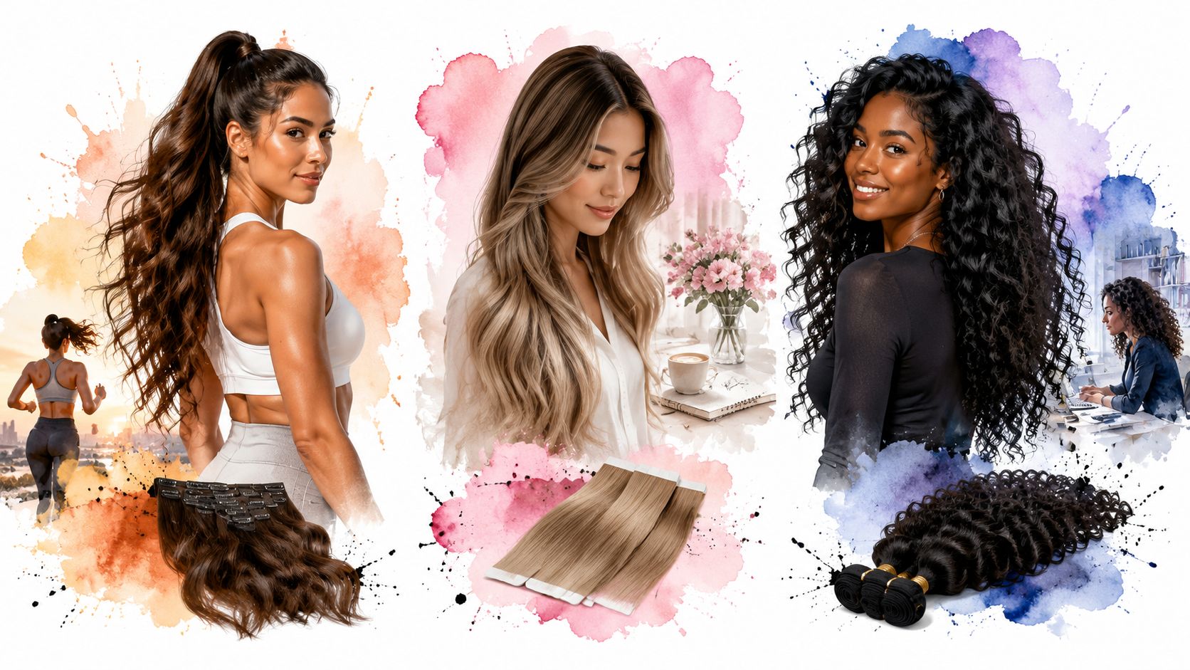 A collage showing three women with different hair textures and matching hair extension bundles on display.