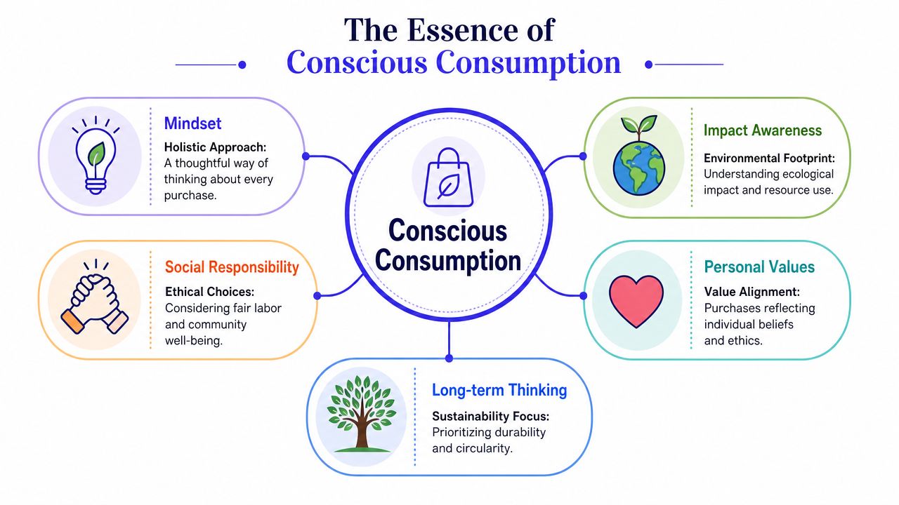 An infographic titled The Essence of Conscious Consumption displaying five key principles surrounding a central shopping bag icon.