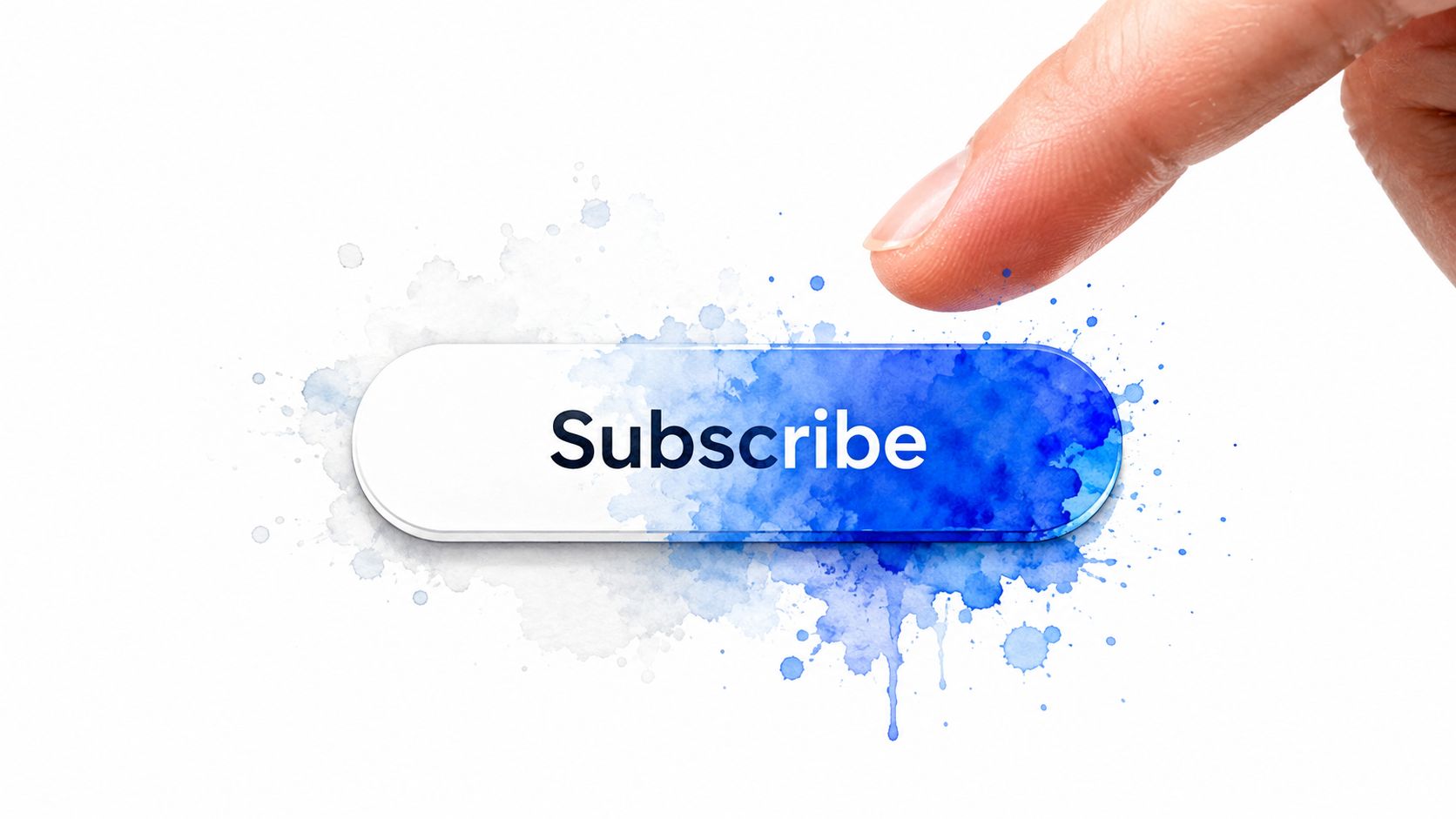 A human finger pointing toward a blue watercolor styled subscribe button on a plain white background.