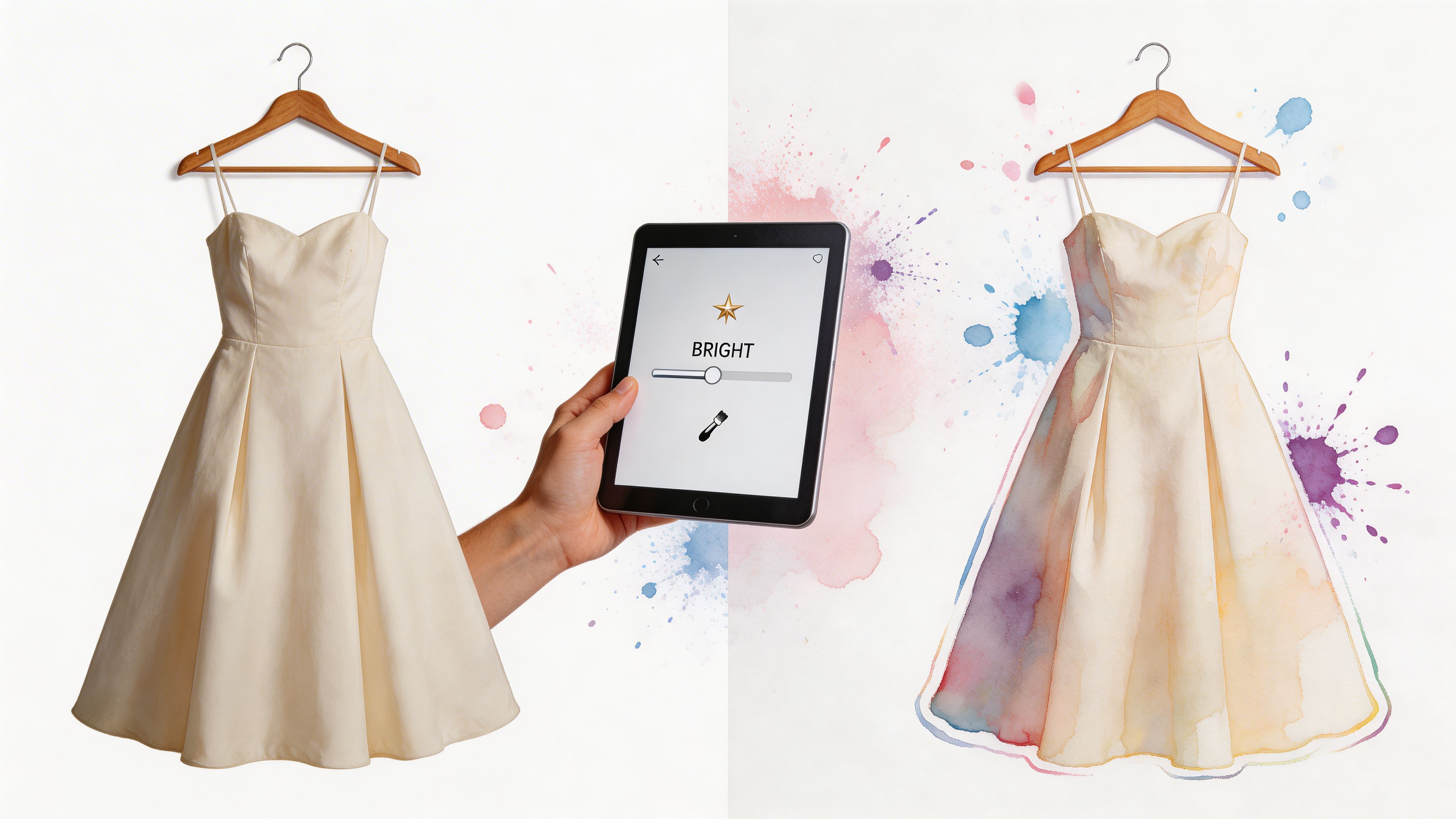 A tablet in a hand editing a plain dress to add colorful artistic watercolor paint splatters.