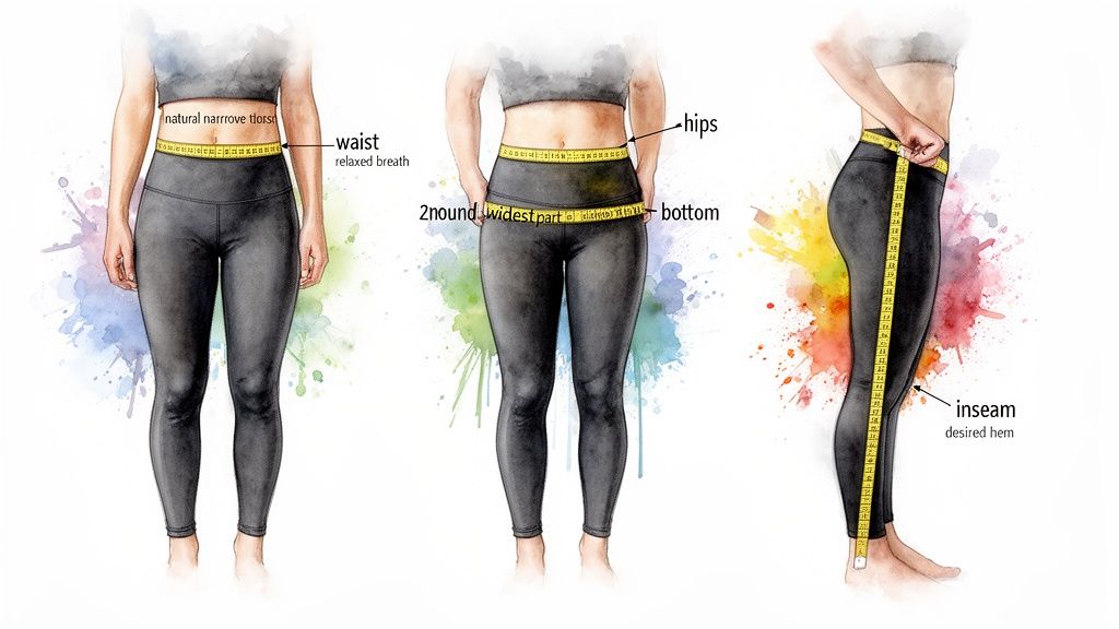 Illustration demonstrating how to take accurate body measurements for waist, hips, bottom, and inseam.