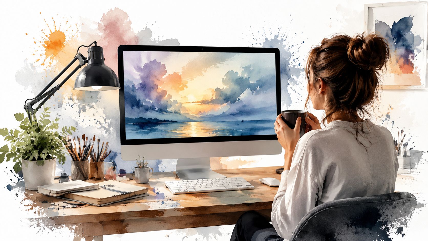 A young woman sits at a wooden desk viewing a vibrant sunset landscape on her computer monitor.