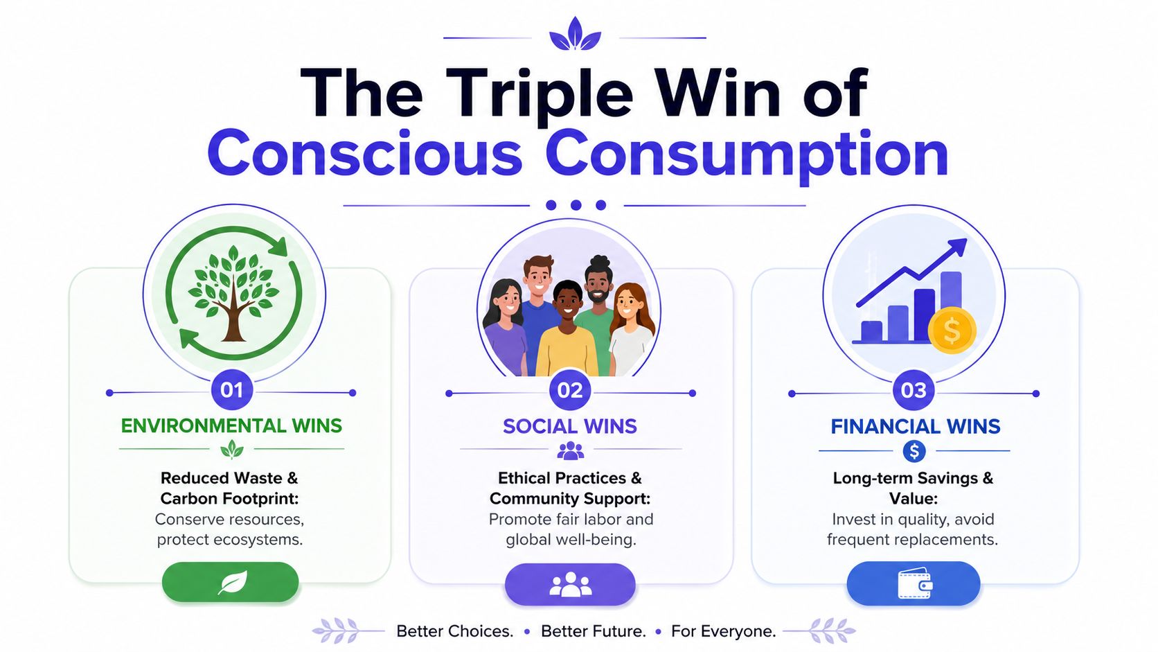 An infographic titled The Triple Win of Conscious Consumption illustrating environmental, social, and financial benefits.