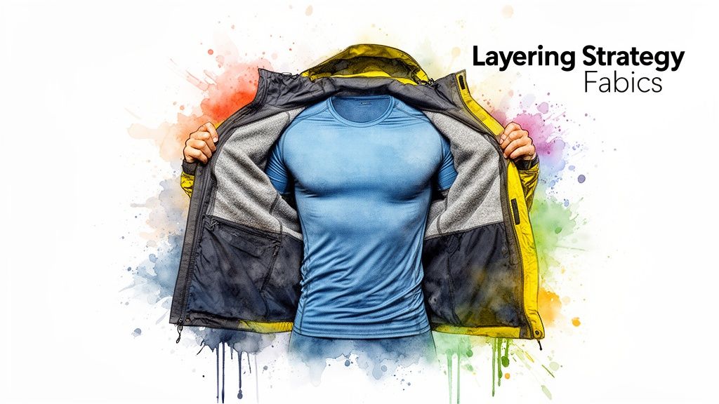A person wearing a blue base layer under an open yellow outdoor jacket for winter layering strategy.