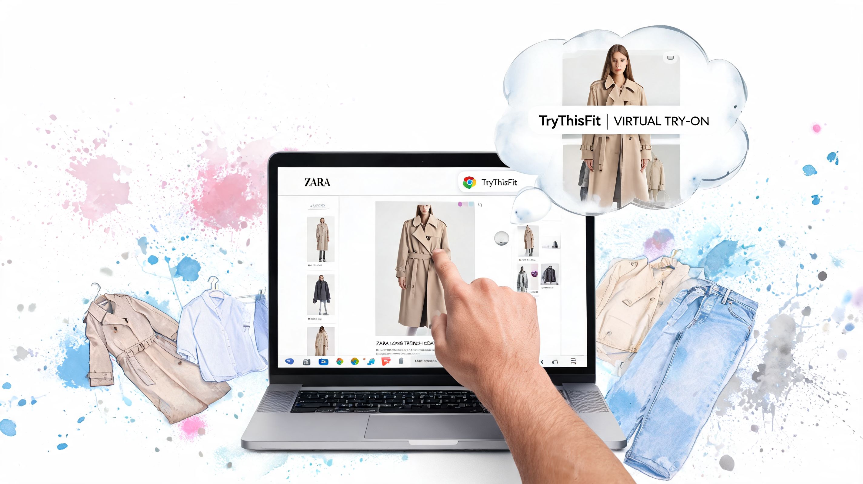 A person pointing at a Zara trench coat on a laptop screen using virtual try-on software.