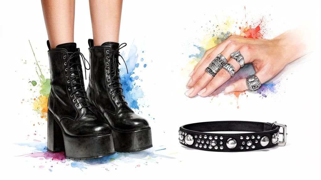 A vivid watercolor illustration showcasing gothic fashion items: platform boots, ornate rings, and a studded collar.