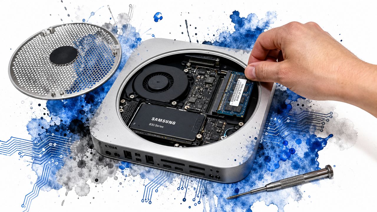 A hand upgrading the RAM of an open 2012 Mac Mini with a visible Samsung SSD and fan.