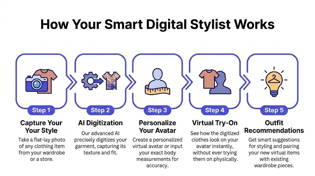 A five-step infographic explaining how an AI-powered smart digital stylist application works for virtual fashion planning.