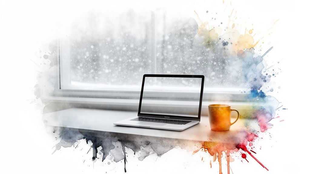 A laptop and a yellow mug on a desk by a window with snow falling, surrounded by colorful watercolor splashes.