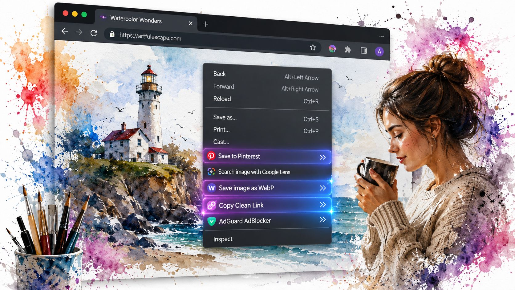 A browser context menu displaying options to save, share, and manage images on a creative website.