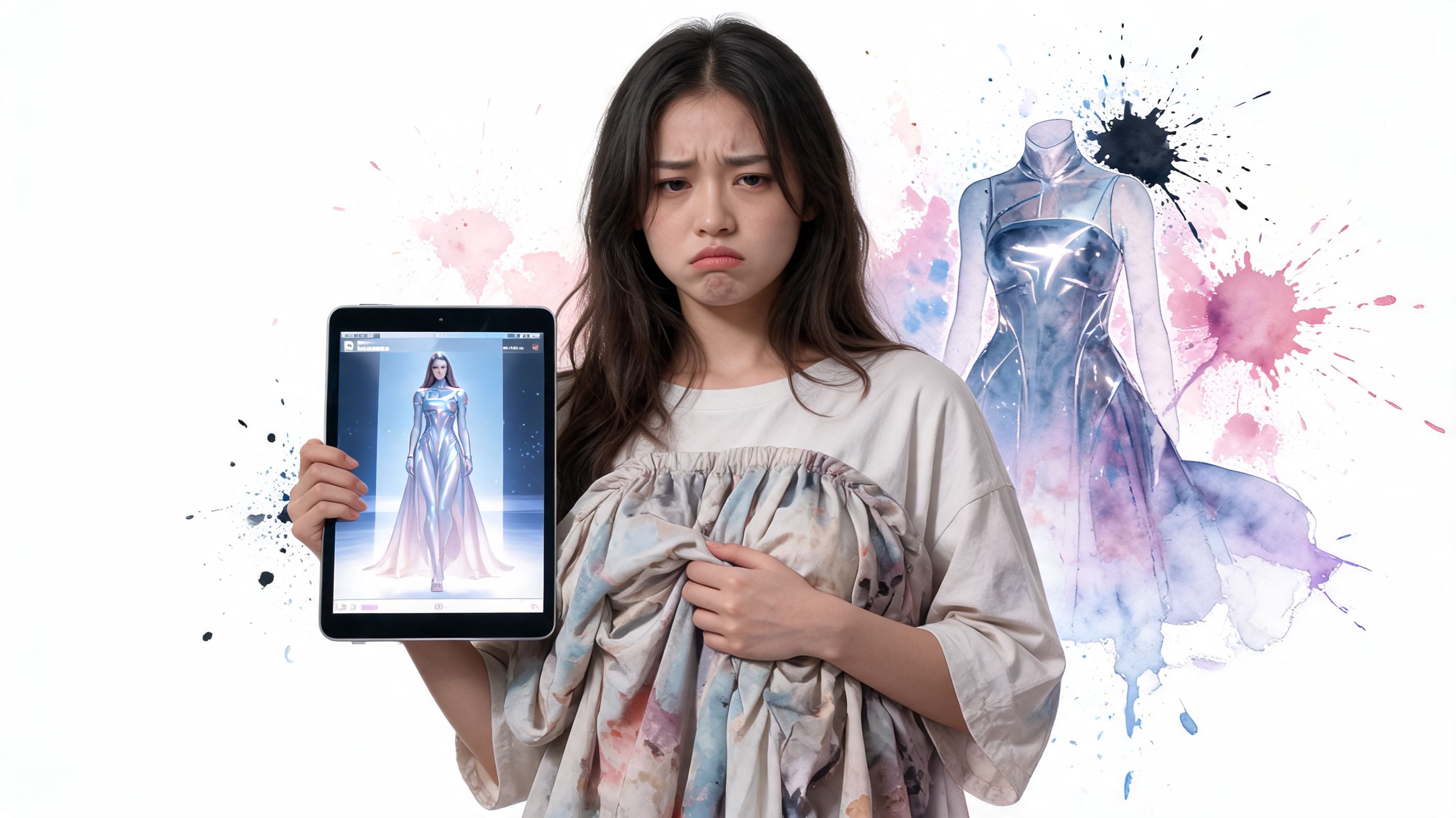 A sad woman holding a tablet displaying a digital fashion design next to a phantom dress illustration.