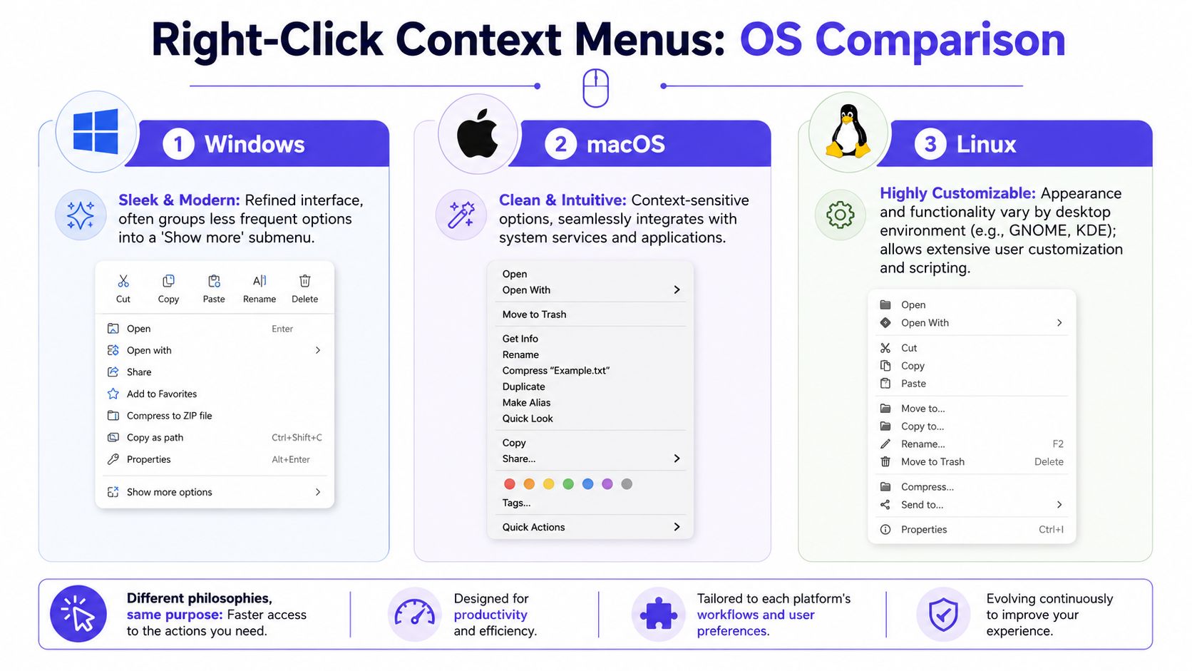 A comparative infographic displaying right-click context menu designs for Windows, macOS, and Linux operating systems.