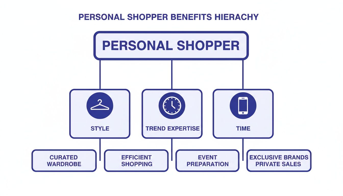 Hierarchy diagram detailing personal shopper benefits: style, trend expertise, time, and their specific advantages.