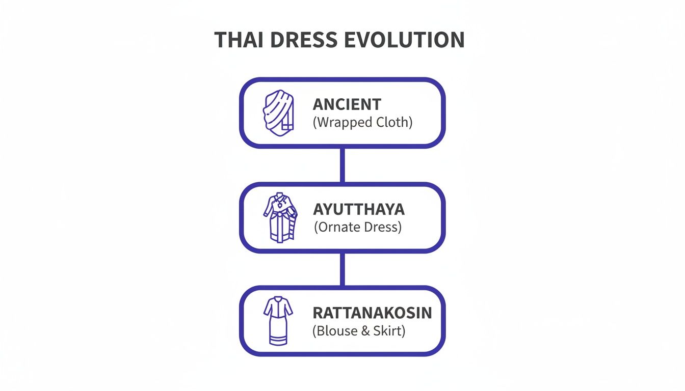 Diagram illustrating the evolution of traditional Thai dress from ancient wrapped cloth to modern blouse and skirt styles.