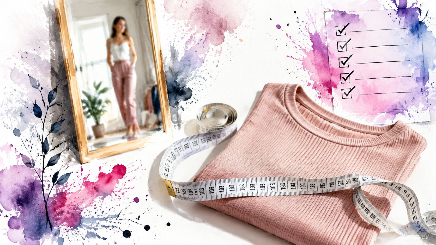 A pink ribbed top resting on a surface with a measuring tape beside a mirror reflecting a woman.