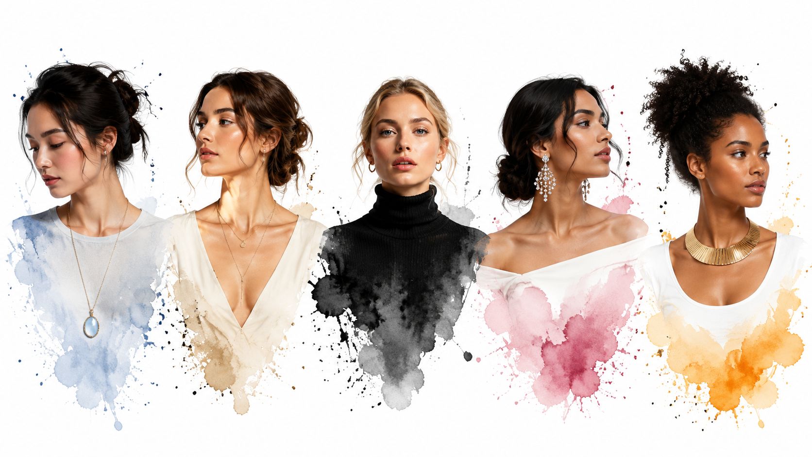 A composition showing five diverse women wearing different styles of necklaces, earrings, and tops against watercolor splashes.